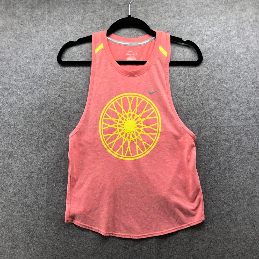 Nike Dri-Fit Running Tank Top Heather Pink Coral Yellow Wheel Graphic Womens XS